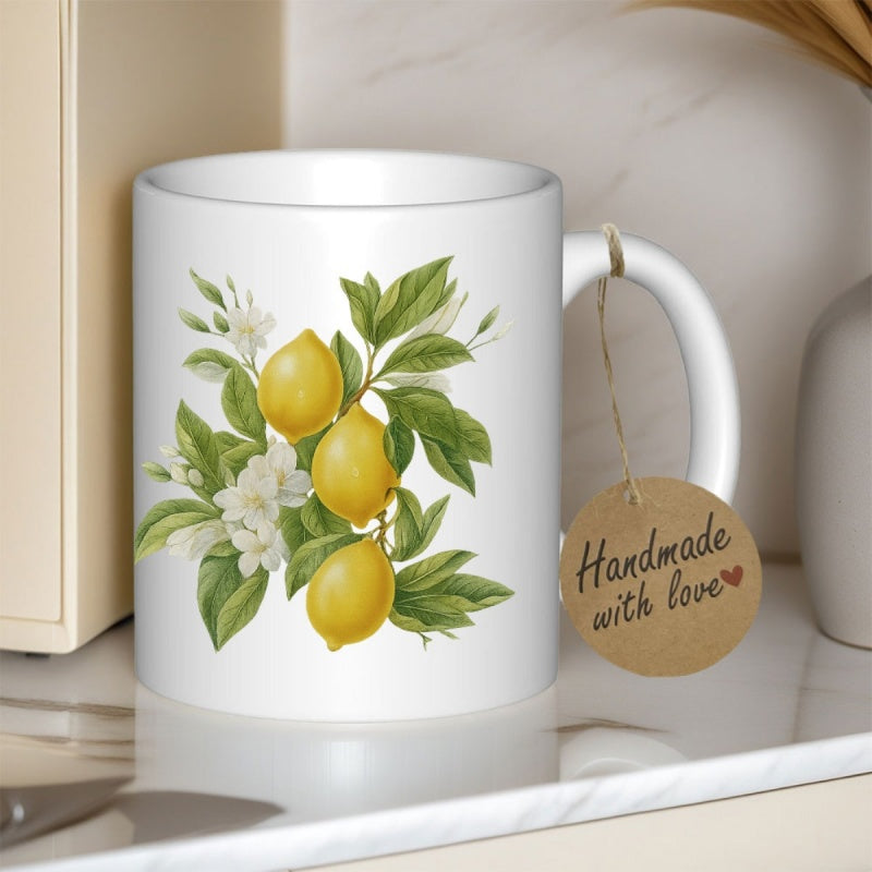 Tailorly White Ceramic 11 oz Mug - Vibrant Yellow Lemons Growing On Green Leafy Branches With White Blossoms Lemon