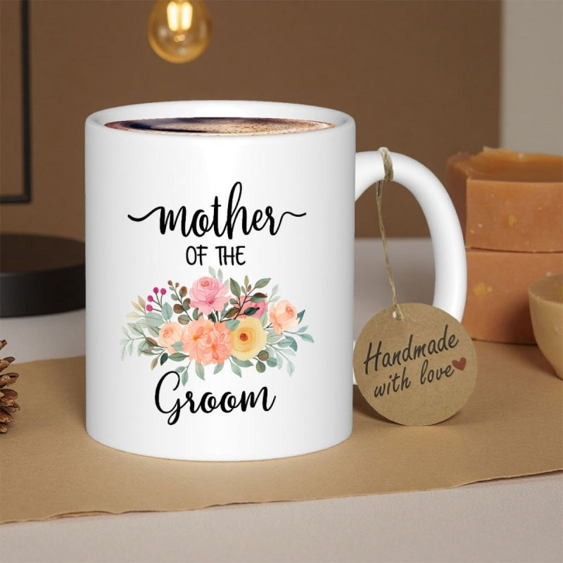 Tailorly White Ceramic 11 oz Mug - Mother Of The Groom Elegant Watercolor Floral Arrangement With Pastel Blooming Petals And Soft Greenery Bouquet
