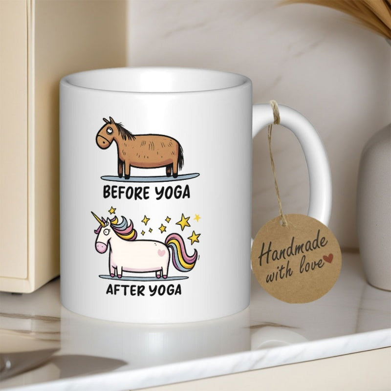 Tailorly White Ceramic 11 oz Mug - Before Yoga After Yoga Cartoon Brown Horse Transforming Into Magical White Unicorn With Stars Unicorn