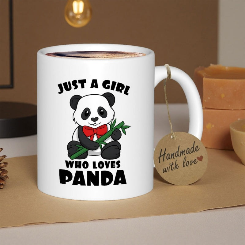 Tailorly White Ceramic 11 oz Mug - Just A Girl Who Loves Panda Adorable Cartoon Animal Holding Green Bamboo Stem With Red Bow Panda