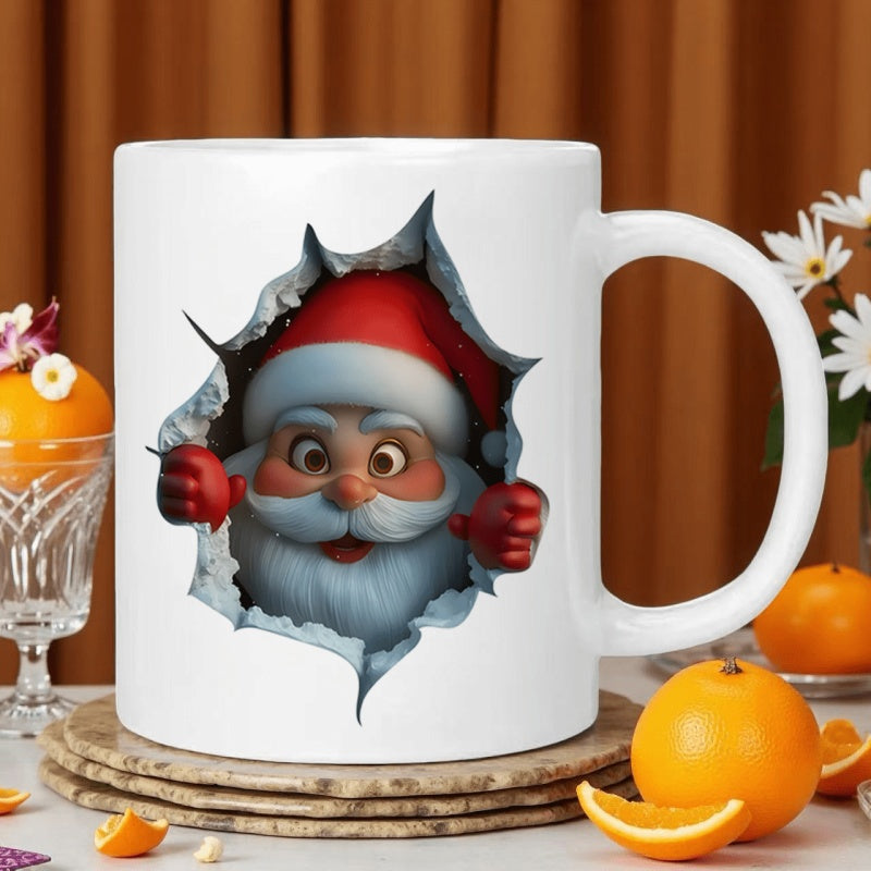 Tailorly White Ceramic 11 oz Mug - Cheerful Festive Character Peeking Through A Realistic Torn Paper Hole Santa Claus
