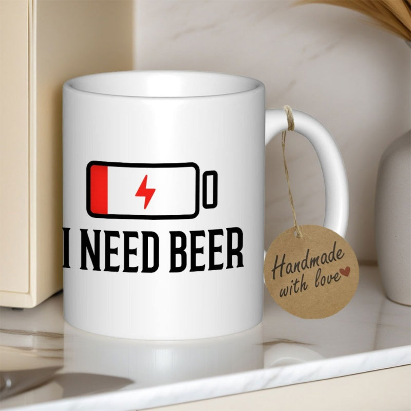 Tailorly White Ceramic 11 oz Mug - I Need Beer Low Battery Warning Sign Showing Minimalist Charging Status Red Icon Mug