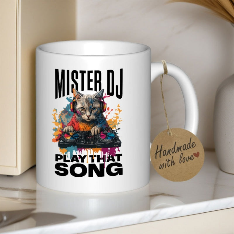 Tailorly White Ceramic 11 oz Mug - Mister DJ Play That Song Wearing Headphones Operating Digital Turntable Amidst Vibrant Colorful Paint Splatters Cat