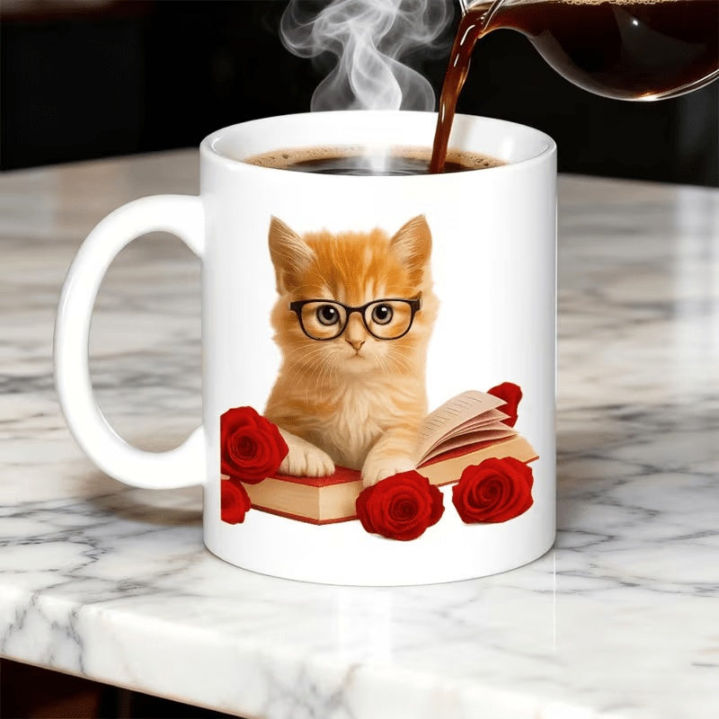Tailorly White Ceramic 11 oz Mug - Ginger Kitten Wearing Glasses Resting On A Book Surrounded By Roses Kitten