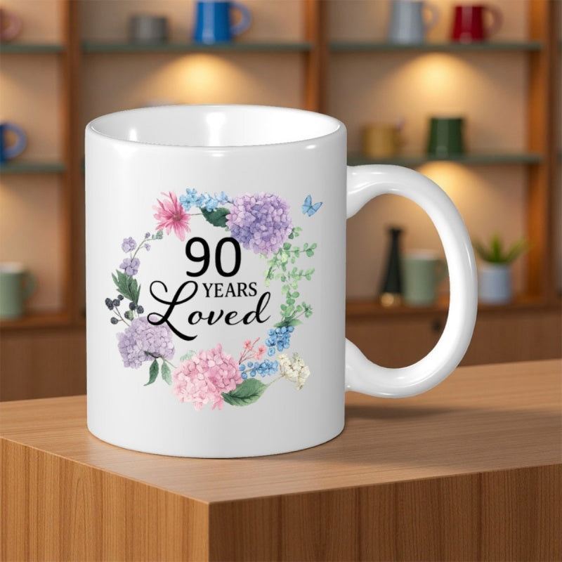 Tailorly White Ceramic 11 oz Mug - 90 Years Loved Elegant Watercolor Hydrangea Flowers Forming A Delicate Circle With Small Butterflies Wreath