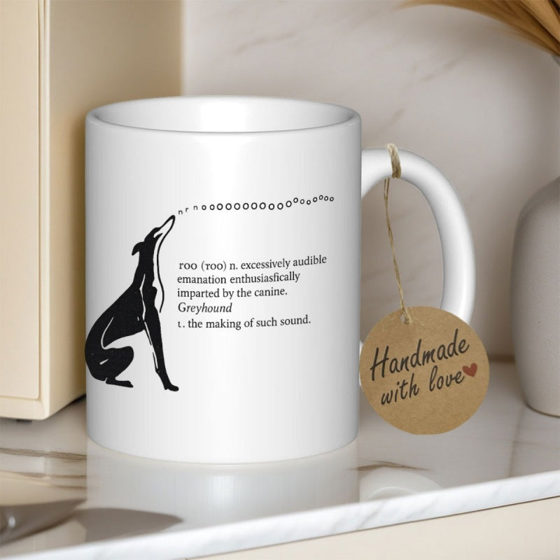Tailorly White Ceramic 11 oz Mug - Roo Greyhound Elegant Black Silhouette Of A Slender Dog Howling Among Small Speech Bubbles Greyhound