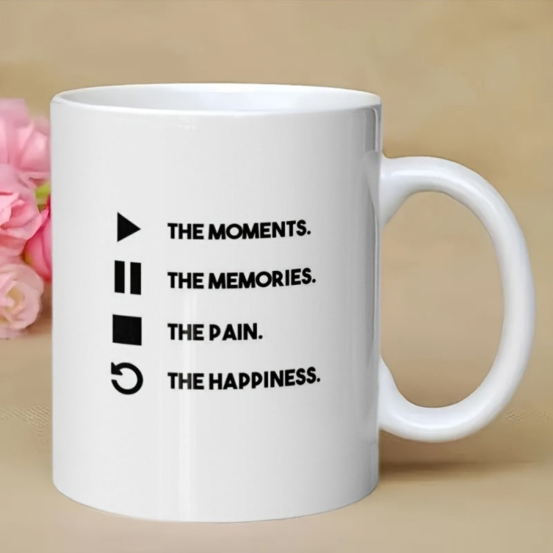 Tailorly White Ceramic 11 oz Mug - The Moments The Memories The Pain The Happiness Minimalist Media Player Style Symbols Highlighting Emotional Human Life