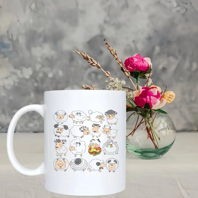 Tailorly White Ceramic 11 oz Mug - Diverse Collection Of Cute Cartoon Animals Arranged In A Neat Grid Sheep