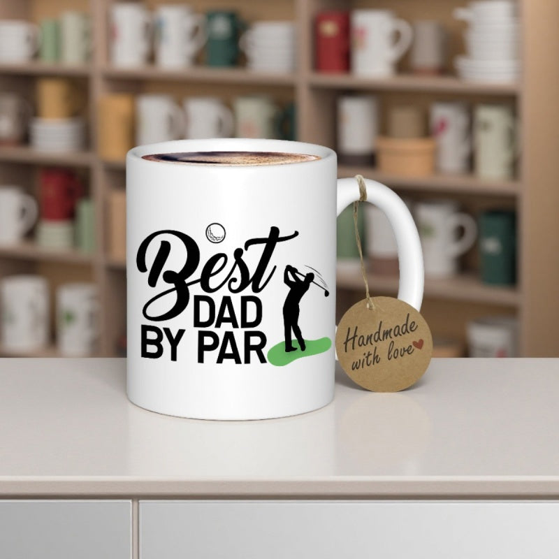 Tailorly White Ceramic 11 oz Mug - Best Dad By Par Silhouette Of A Golfer Swinging Club On Green Grass Golfer