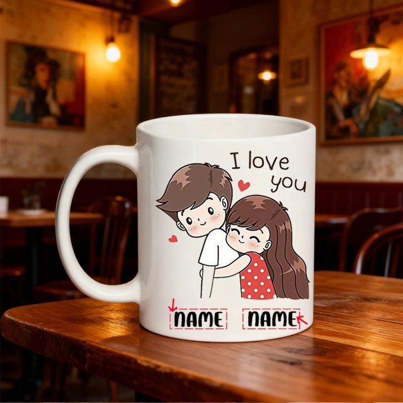 Tailorly White Ceramic 11 oz Mug - I Love You Sweet Cartoon Couple Hugging With Floating Hearts And Custom Name Mug
