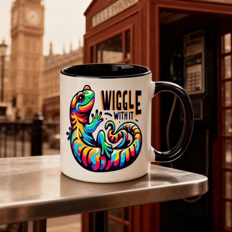 Tailorly Black Accent 11 oz Mug - art lizard illustration wiggle text colorful design