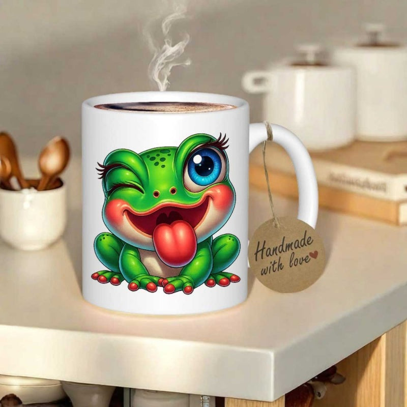 Tailorly White Ceramic 11 oz Mug - Handmade With Love Adorable Cheerful Green Cartoon Animal Character Sticking Out Bright Pink Tongue Frog