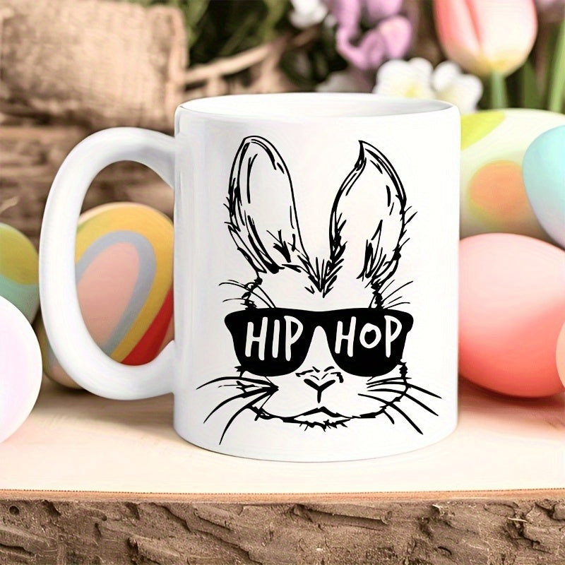 Tailorly White Ceramic 11 oz Mug - Hip Hop Minimalist Hand Drawn Sketch Style Bunny Wearing Large Stylish Black Sunglasses Rabbit