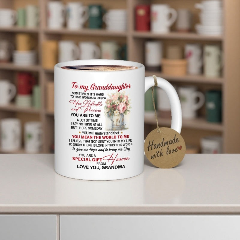 Tailorly White Ceramic 11 oz Mug - To My Granddaughter You Mean The World To Me Love You Grandma Vintage Style Pitcher With Delicate Blooming Pink Floral
