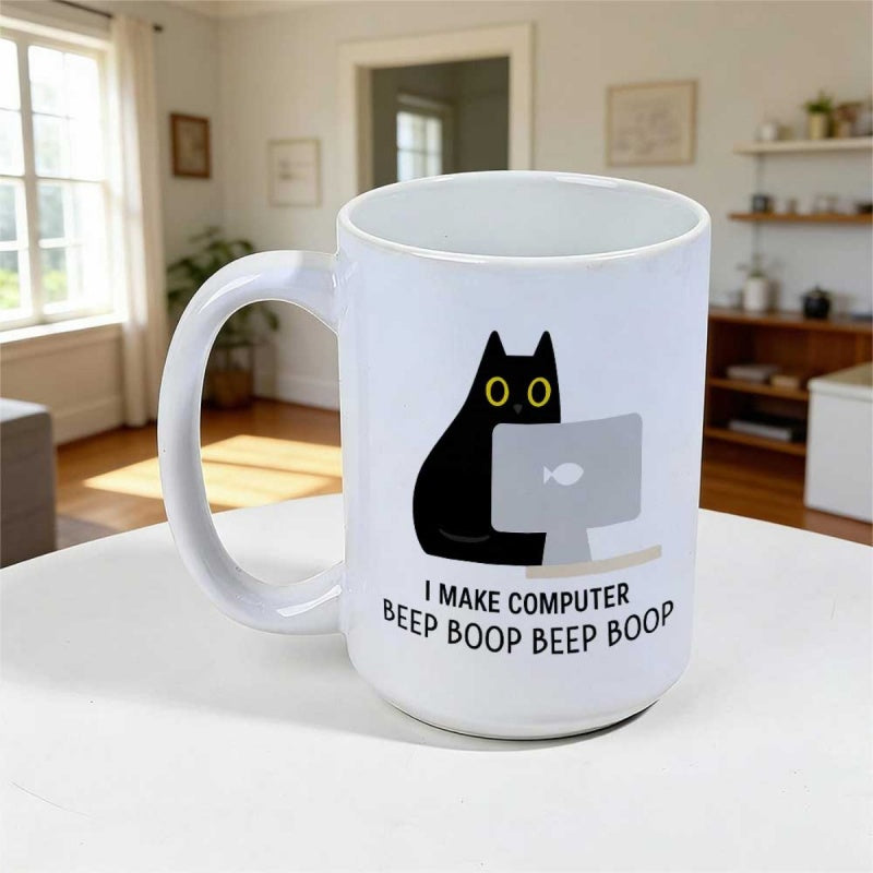 Tailorly White Ceramic 11 oz Mug - I Make Computer Beep Boop Beep Boop Minimalist Black Feline Sitting Behind Desktop Monitor Working On Tech Tasks Cat
