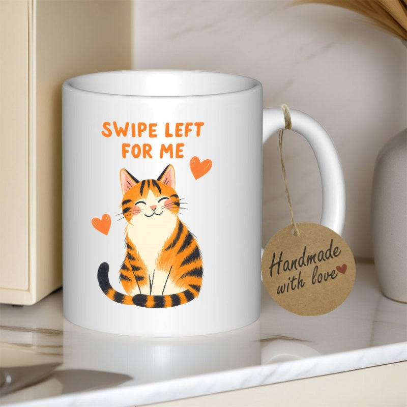 Tailorly White Ceramic 11 oz Mug - Swipe Left For Me Adorable Orange Tabby Cat Sitting Among Floating Orange Hearts With Smiling Expression Cat