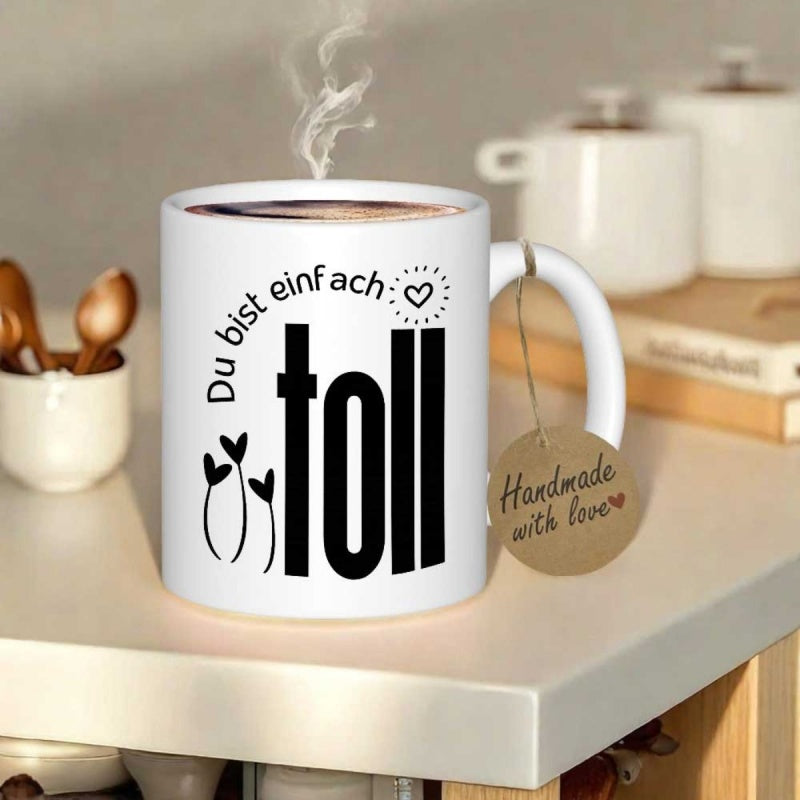 Tailorly White Ceramic 11 oz Mug - Handmade With Love Minimalist Linear Hearts Rising Upward Beneath A Circle Of Dots Heart