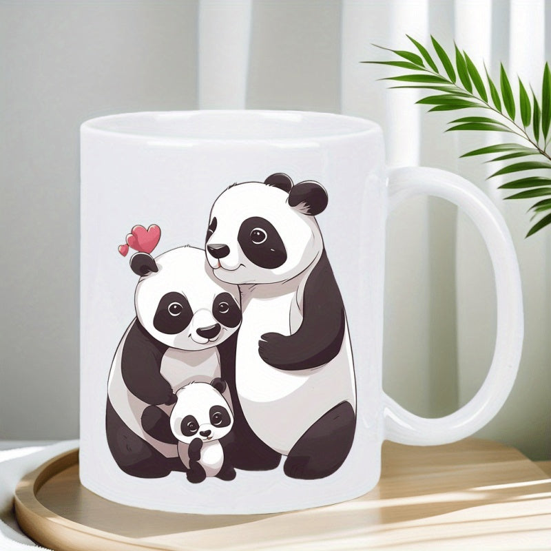 Tailorly White Ceramic 11 oz Mug - Adorable Panda Family Cuddling Together With Small Red Bird Heart Illustration Panda
