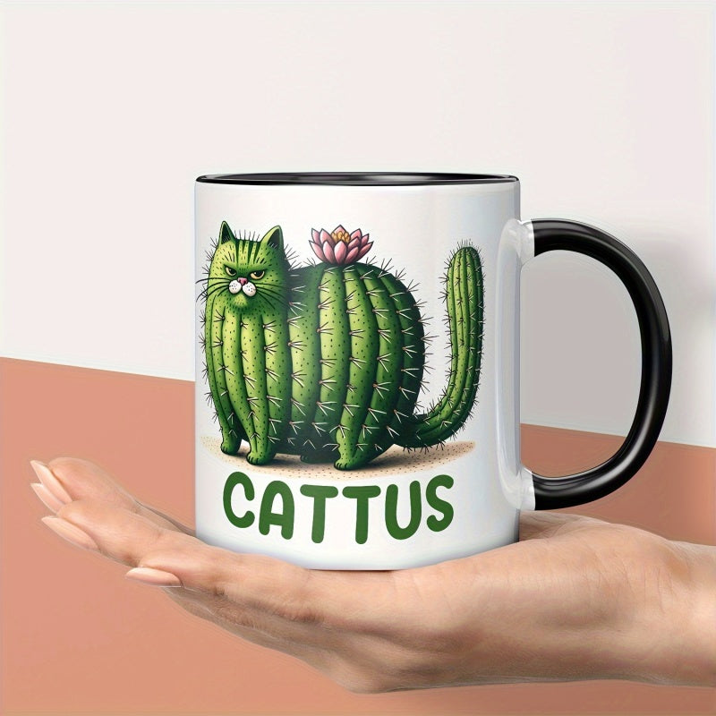 Tailorly Black Accent 11 oz Mug - whimsical cactus design with lotus flowers