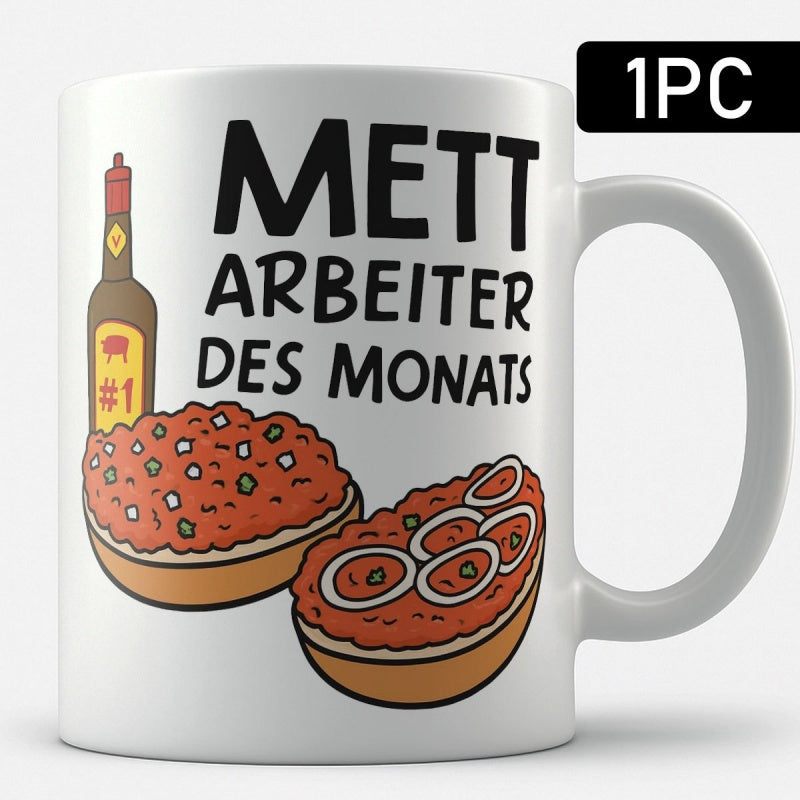 Tailorly White Ceramic 11 oz Mug - Traditional German Minced Meat Buns With Onion Rings And Seasoning Bottle Bun