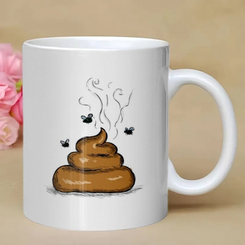Tailorly White Ceramic 11 oz Mug - Coiled Brown Illustration With Small Black Flies And Rising Odor Lines Poop
