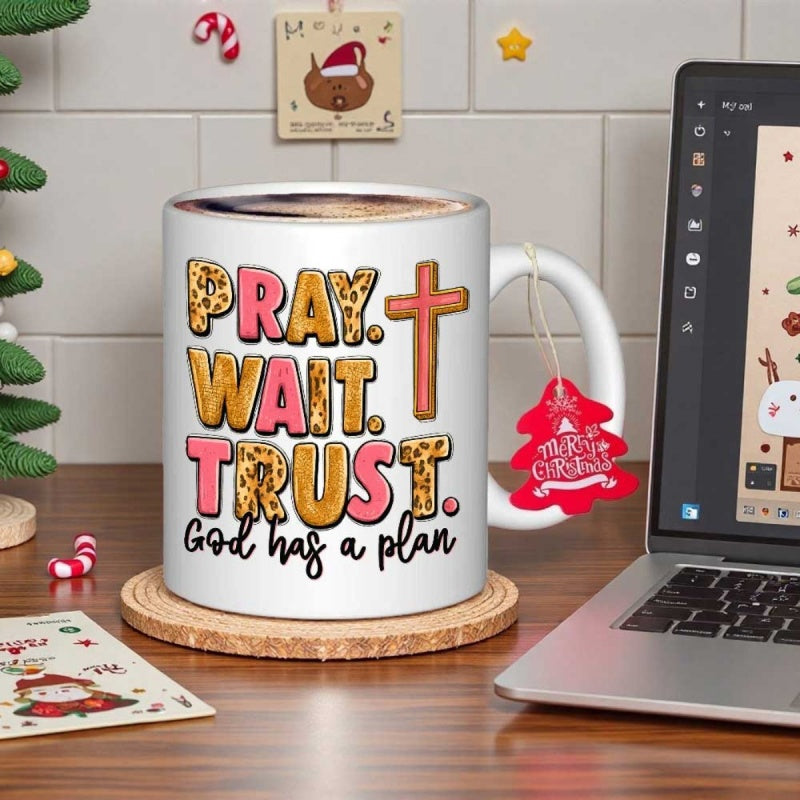 Tailorly White Ceramic 11 oz Mug - Pray Wait Trust God Has A Plan Vibrant Leopard Print Patterns With Religious Cross And Decorative Bold Letters Cross