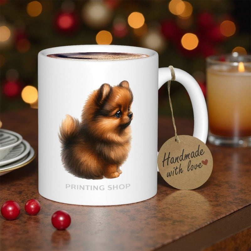 Tailorly White Ceramic 11 oz Mug - Printing Shop Handmade With Love Fluffy Small Brown Puppy Sitting Calmly With Soft Fur Texture Pomeranian