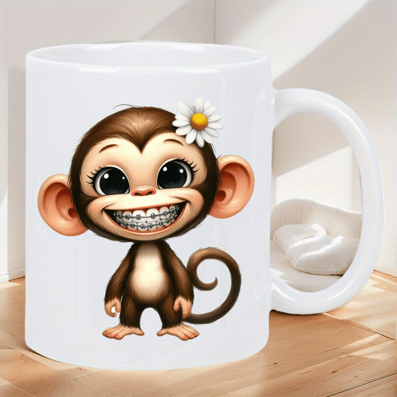 Tailorly White Ceramic 11 oz Mug - Adorable Smiling Cartoon Primate Wearing Braces And White Daisy Flower Monkey
