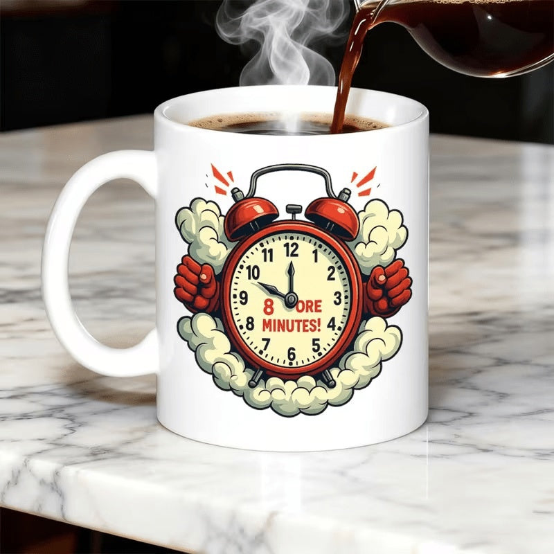 Tailorly White Ceramic 11 oz Mug - 8 More Minutes Retro Red Ringing Bell With Clenched Fists Amidst Puffs Of Smoke Clock