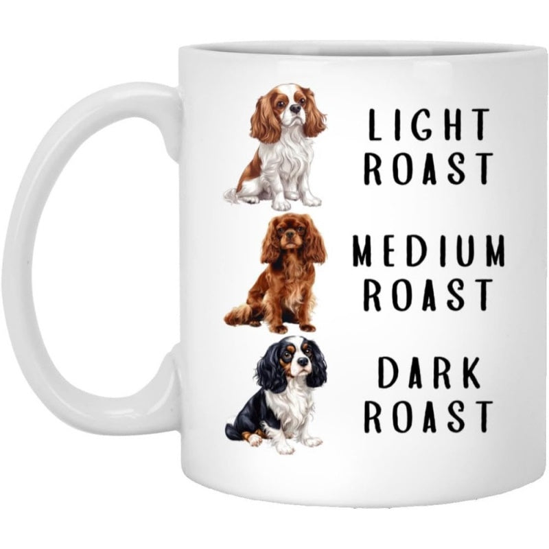 Tailorly White Ceramic 11 oz Mug - Light Roast Medium Roast Dark Roast Three Adorable Cavalier Spaniels Sitting Calmly Showcasing Different Coat Colors Dog