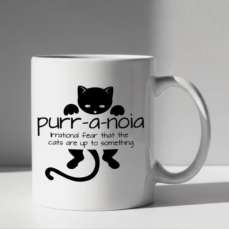 Tailorly White Ceramic 11 oz Mug - Purr A Noia Irrational Fear That The Cats Are Up To Something Playful Black Kitten Silhouette Peeking Behind Simple Decorative