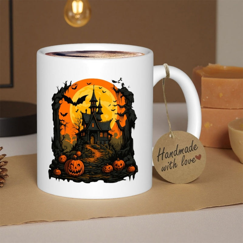 Tailorly White Ceramic 11 oz Mug - Handmade With Love Spooky Haunted Silhouette Under Glowing Orange Moon With Flying Bats Pumpkins Castle