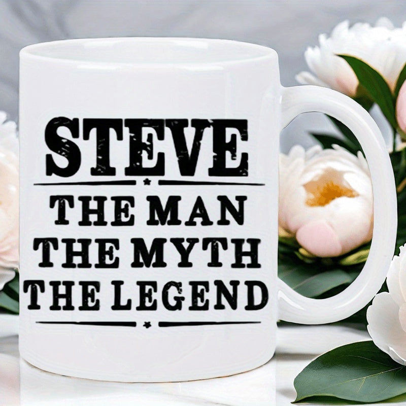 Tailorly White Ceramic 11 oz Mug - Steve The Man The Myth The Legend Bold Distressed Black Typography With Minimalist Decorative Horizontal Lines Mug