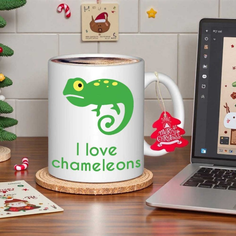 Tailorly White Ceramic 11 oz Mug - I Love Chameleons Vibrant Green Cartoon Lizard With Spiral Tail And Spots Chameleon