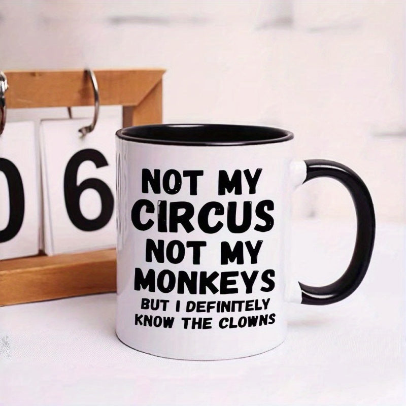 Tailorly Black Accent 11 oz Mug - funny brother coffee mug with "not my monkeys" saying in black lettering