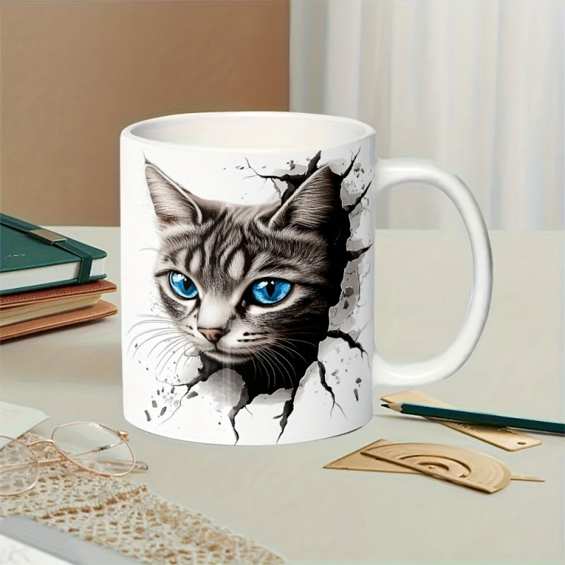 Tailorly White Ceramic 11 oz Mug - Realistic Grey Tabby With Piercing Blue Eyes Peeking Through Cracked White Wall Cat