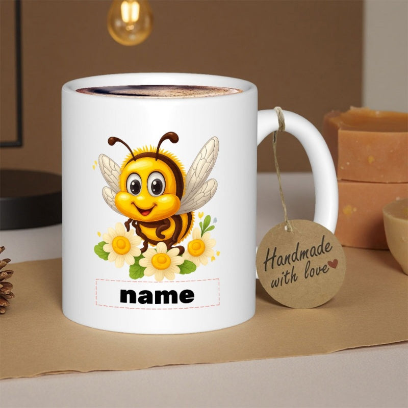 Tailorly White Ceramic 11 oz Mug - Name Cheerful Cartoon Insect Hovering Above Small Yellow Daisy Garden Flowers Bee