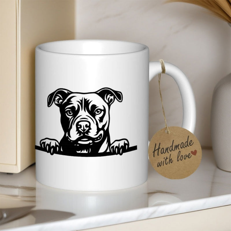 Tailorly White Ceramic 11 oz Mug - Artistic Line Drawing Peeking Over Horizontal Surface Loyal Companion Pitbull