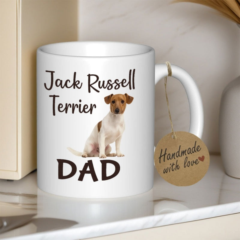 Tailorly White Ceramic 11 oz Mug - Jack Russell Terrier Dad Small Energetic Brown And White Terrier Sitting Calmly On White Background Dog