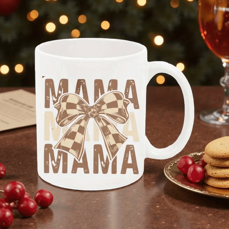 Tailorly White Ceramic 11 oz Mug - Mama Rustic Brown Checked Ribbon Pattern Tied Into A Beautiful Bow