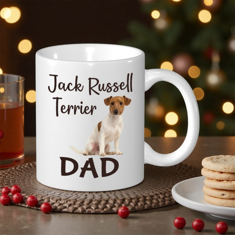 Tailorly White Ceramic 11 oz Mug - Jack Russell Terrier Dad Loyal Small Brown White Pet Sitting Peacefully Surface Dog