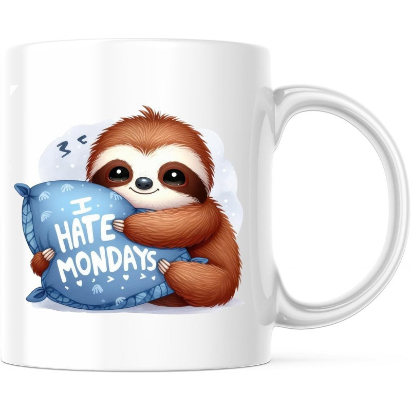 Tailorly White Ceramic 11 oz Mug - I Hate Mondays Cute Brown Sloth Hugging A Patterned Blue Pillow While Resting Comfortably Sloth