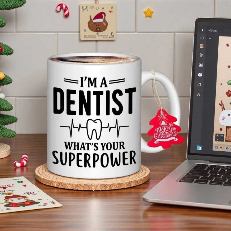 Tailorly White Ceramic 11 oz Mug - Im A Dentist Whats Your Superpower Heartbeat Line Connected To A Sharp Outlined Medical Dental Molar Tooth