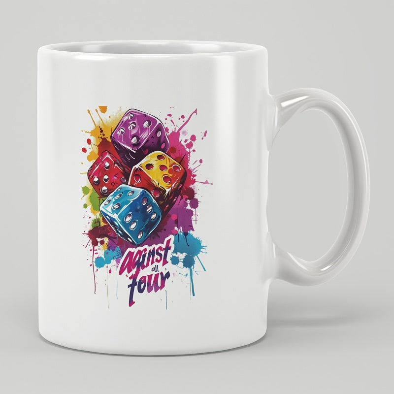 Tailorly White Ceramic 11 oz Mug - Against Four Vibrant Watercolor Splashes Surrounding Multiple Colorful Gaming Rolling Luck Dice