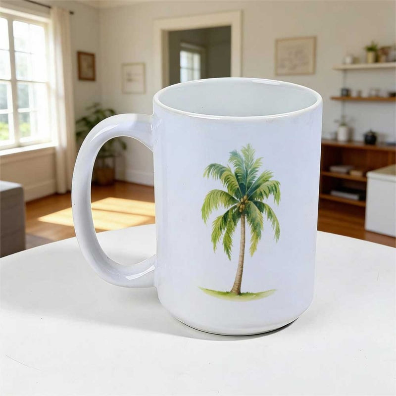 Tailorly White Ceramic 11 oz Mug - Lush Green Fronds Swaying Gently Under A Warm Tropical Breeze Palm Tree