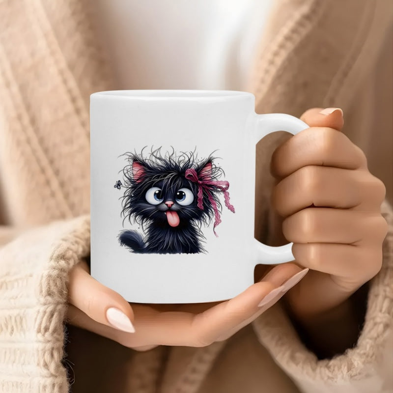 Tailorly White Ceramic 11 oz Mug - Playful Scruffy Black Kitten With Messy Hair And Pink Bow Cat