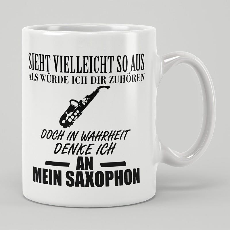 Tailorly White Ceramic 11 oz Mug - Sleek Black Musical Instrument Silhouette Floating Amidst Clean Artistic Modern Saxophone