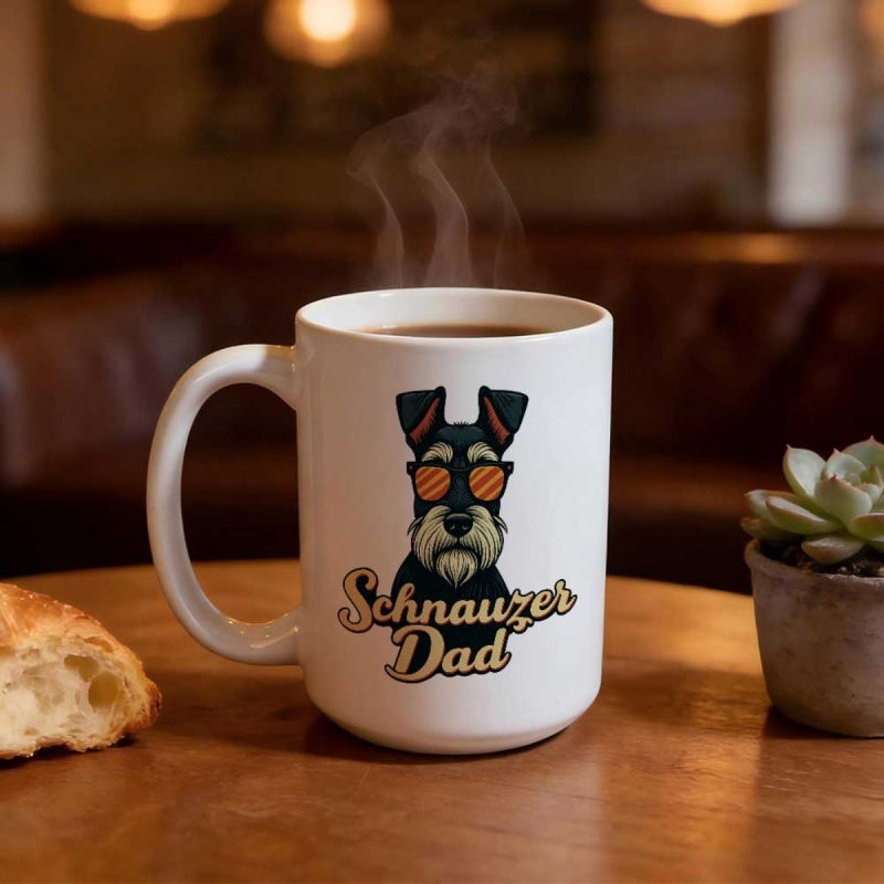 Tailorly White Ceramic 11 oz Mug - Schnauzer Dad Cool Dog Wearing Sunglasses With Retro Stylized Beard And Pointed Ears Schnauzer