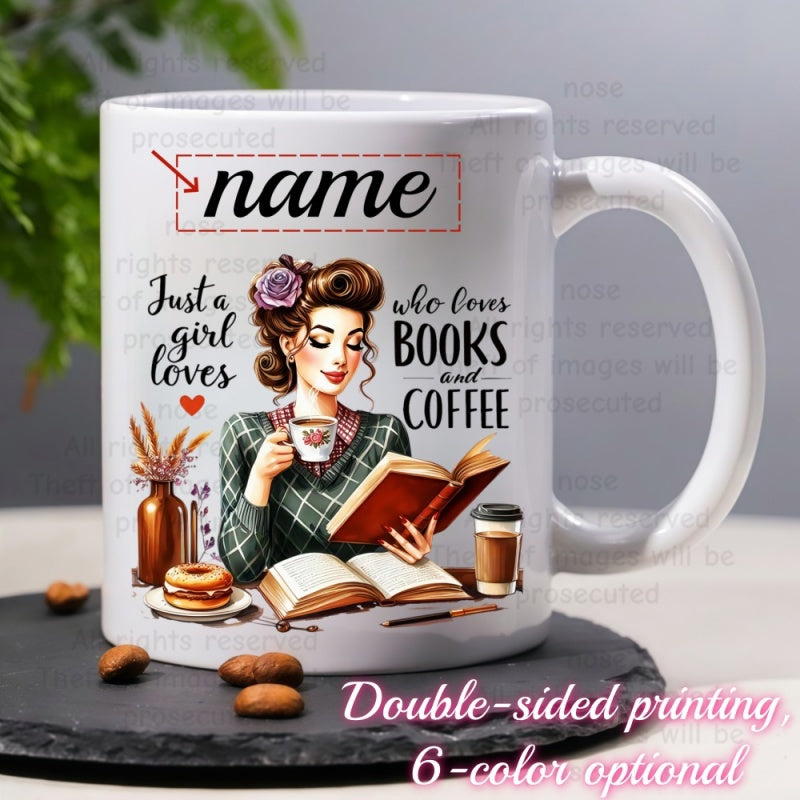 Tailorly White Ceramic 11 oz Mug - Just A Girl Who Loves Books And Coffee Elegant Retro Style Lady Sitting With Open Books And Steaming Coffee Woman