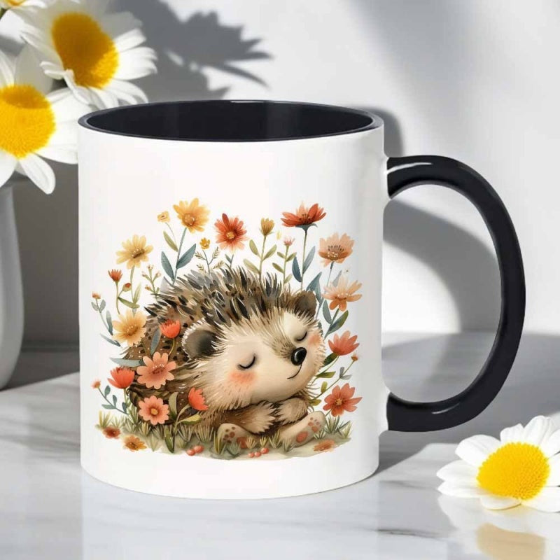 Tailorly Black Accent 11 oz Mug - hedgehog in flower bed